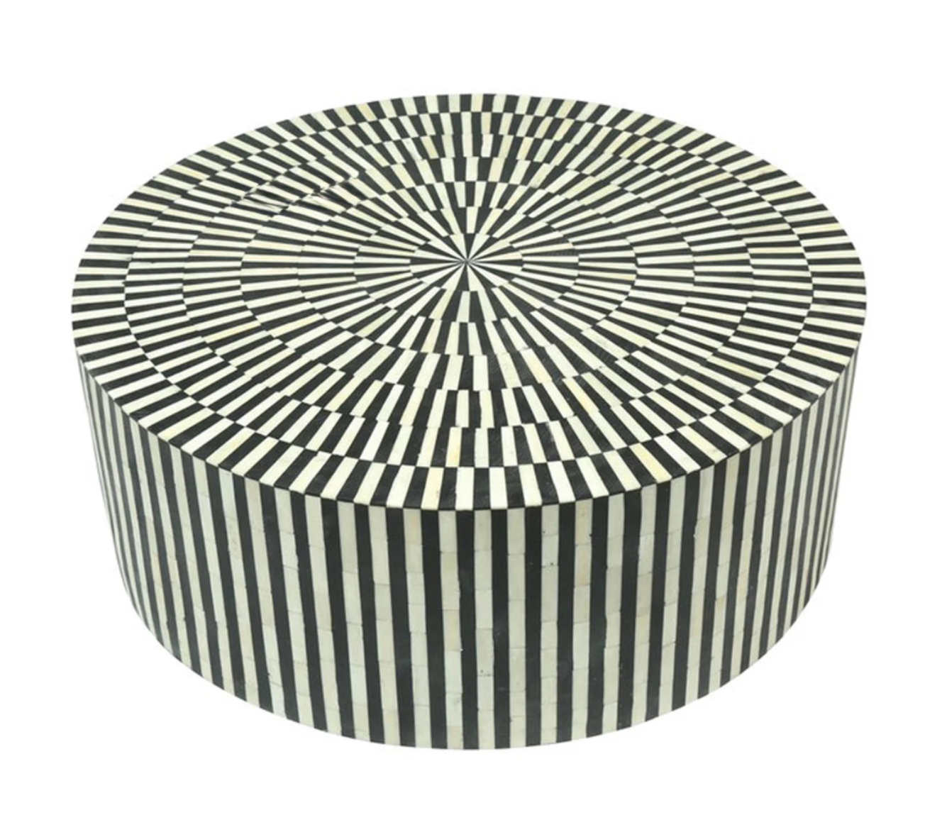 Bone inlay salontafel rond 20cm hoog, met zwart witte strepen